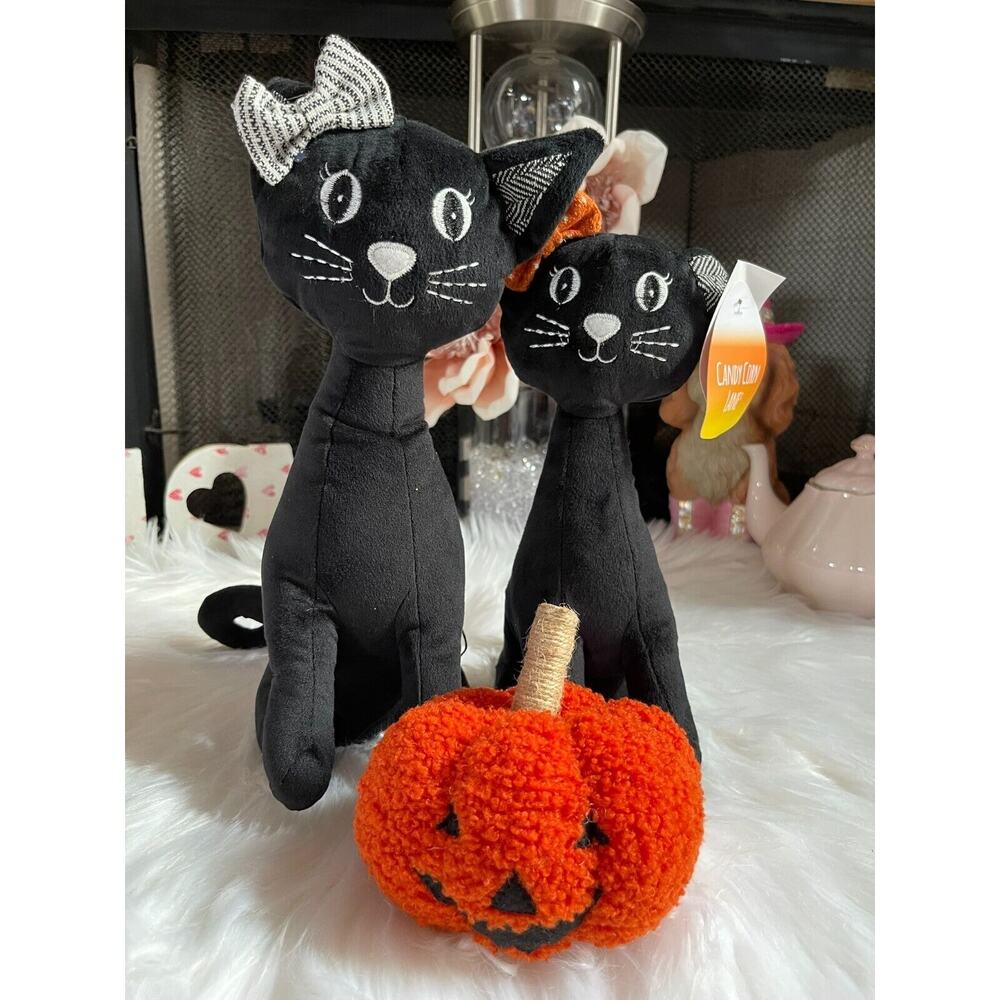 Candy Corn Lane Soft Plush Halloween 2 Black Cats & Pumpkin Display Set